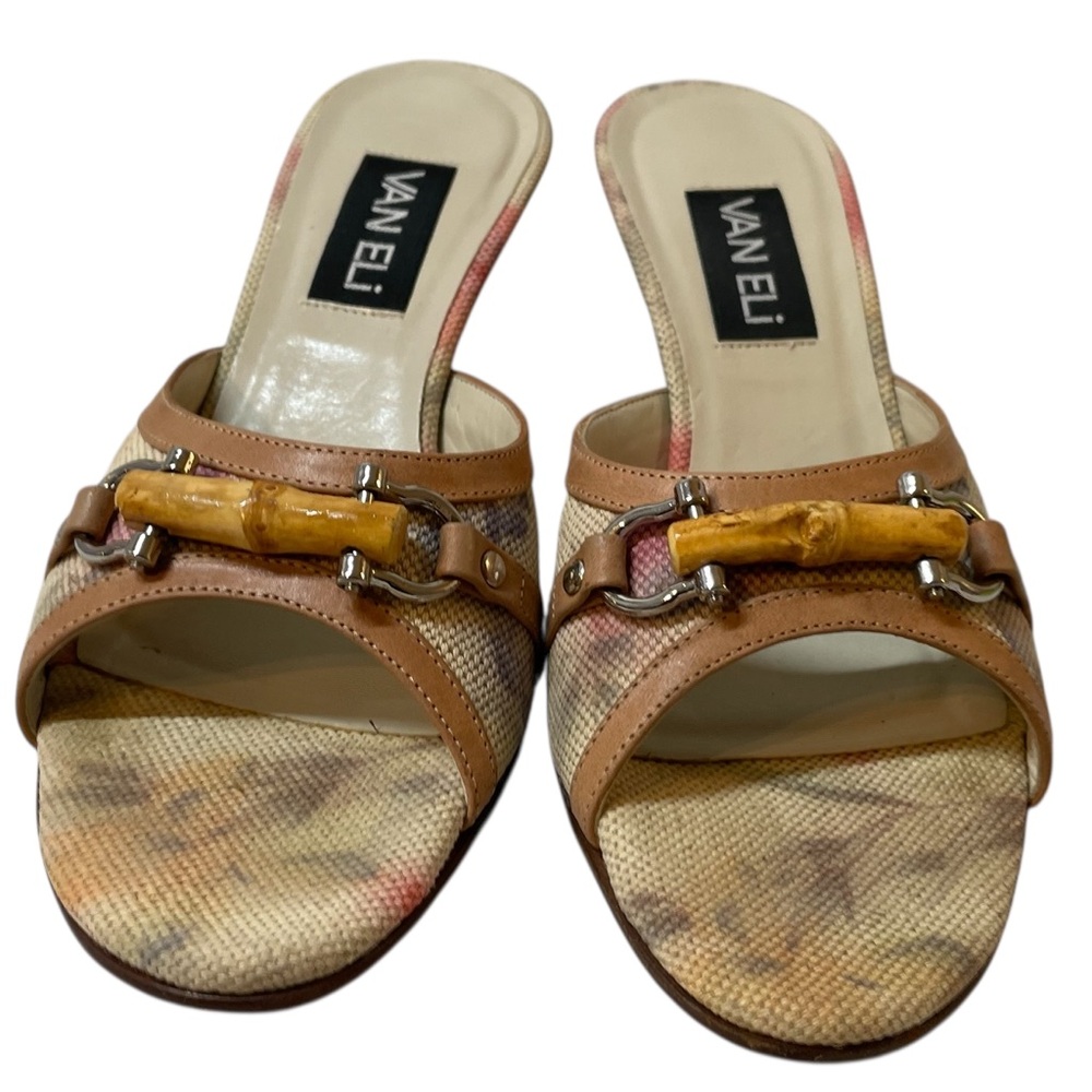 VANELI Tan/Beige Floral Canvas/Leather Slides Mules Heels Shoes - Size 8.5 Slim - Picture 7 of 16